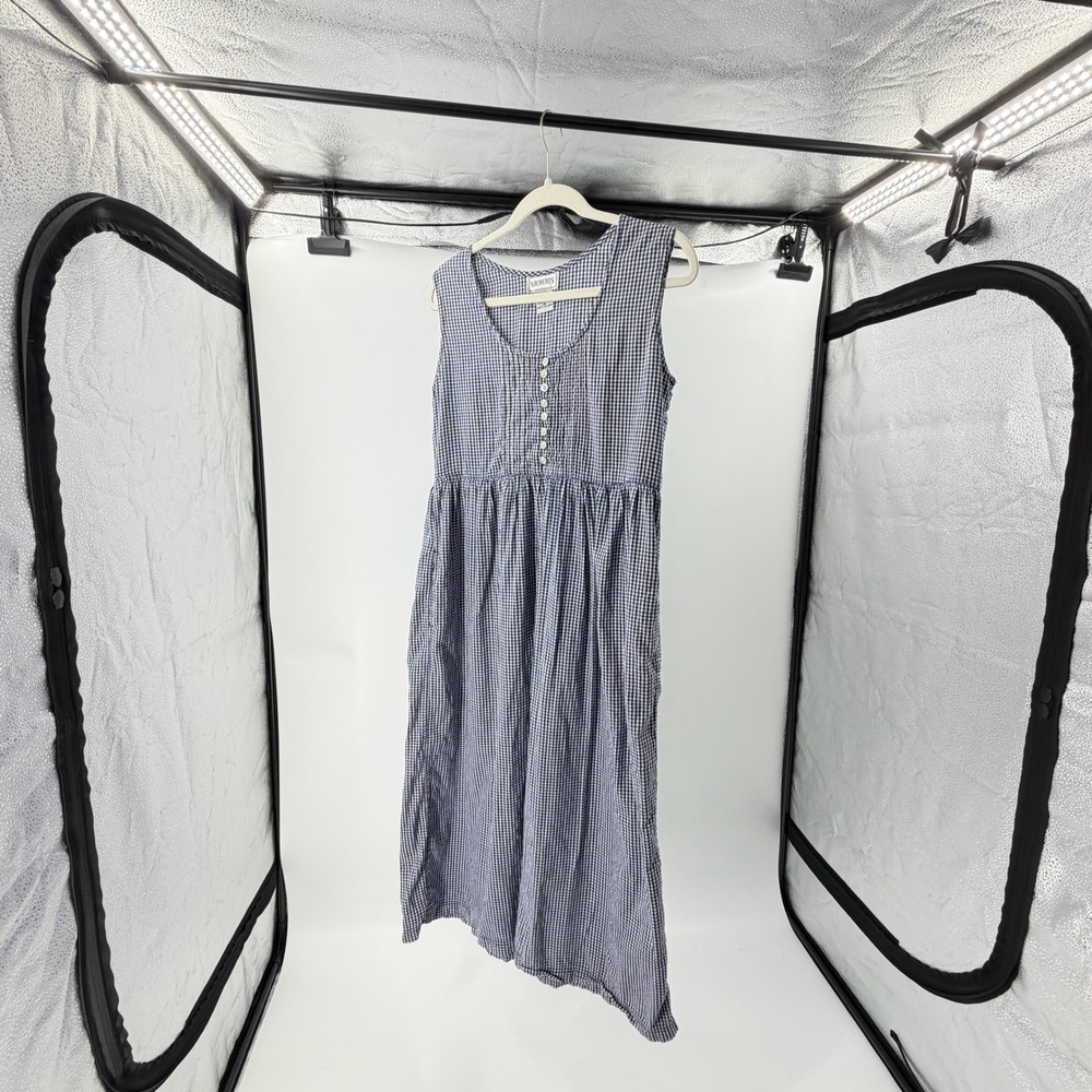 Vintage S Roberts Blue Gingham Cotton Midi Overall Dress Button Front Pockets